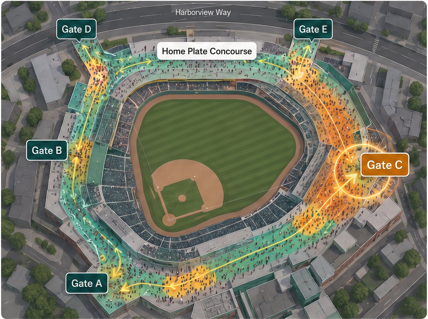 Aerial view of the ballpark with crowd-flow overlay